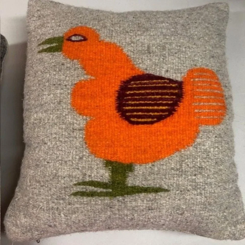 2 Vintage Woven Wool Bird Pillows with Velvet Backs